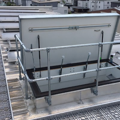 Security guards mounted on Columbus flat roof hatch on building 