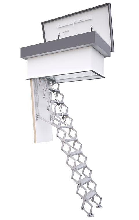 Flat roof hatch with frame and scissor ladder 