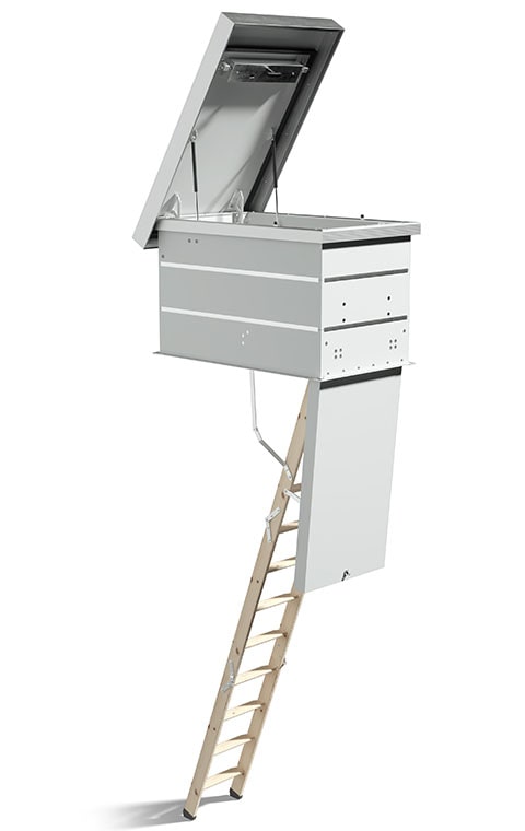 Illustration of flat roof hatch with ladder and frame
