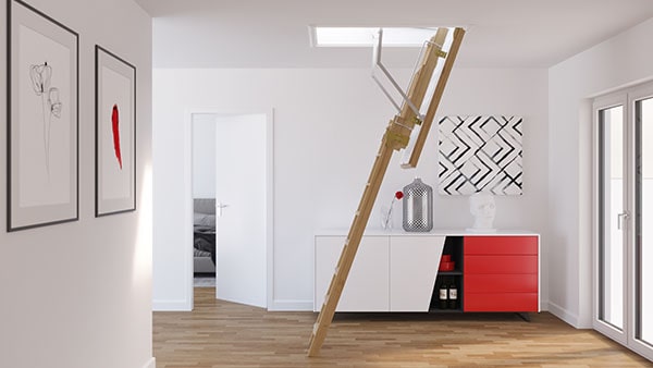 Loft ladder with flat roof hatch in entryway 